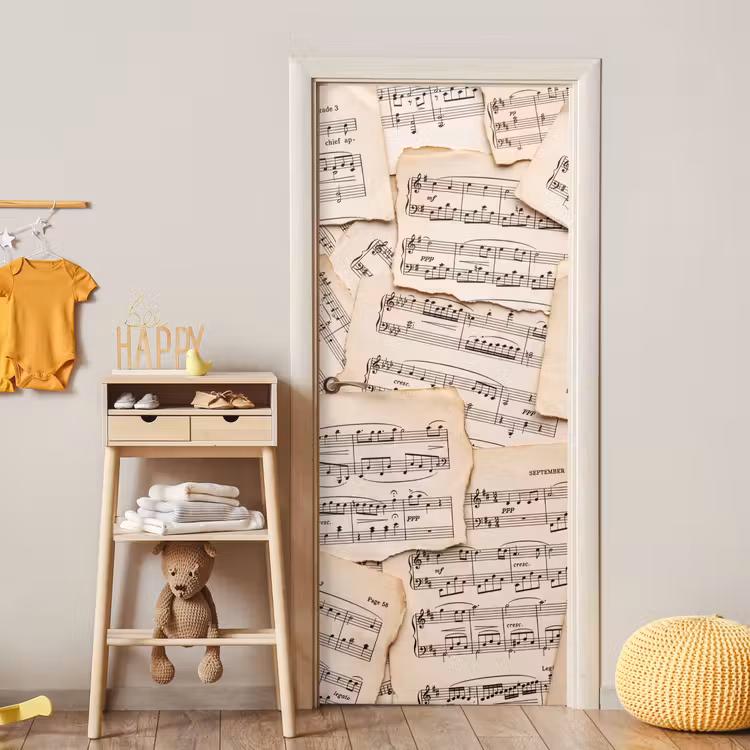 Bladmuziek - Oud - Noten - Vintage - Beige deurposter klein -sfeer4