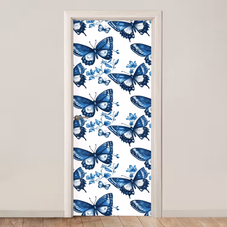 Blauw - Vlinders - Bloemen - Wit deurposter klein 289 -3d_beige