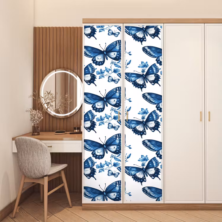 Blauw - Vlinders - Bloemen - Wit deurposter klein 289 -sfeer3