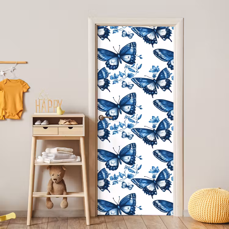 Blauw - Vlinders - Bloemen - Wit deurposter klein 289 -sfeer4