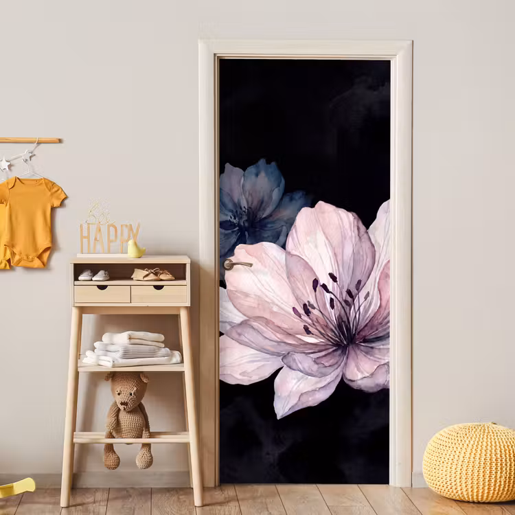 Bloemen - Aquarel - Modern - Roze - Donker deurposter klein -sfeer4