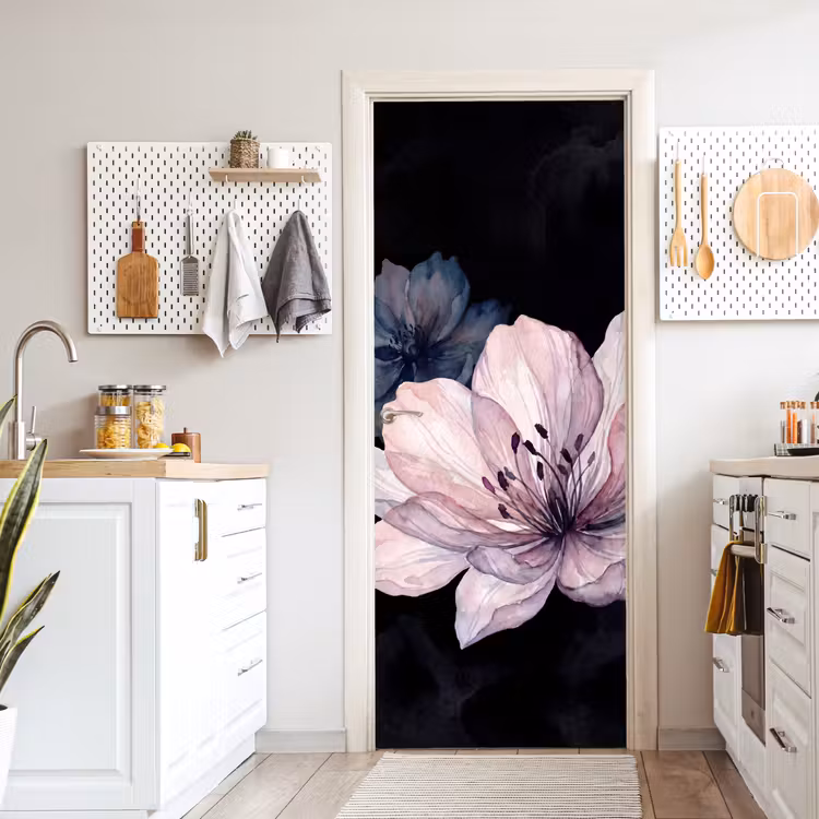 Bloemen - Aquarel - Modern - Roze - Donker deurposter klein -sfeer5