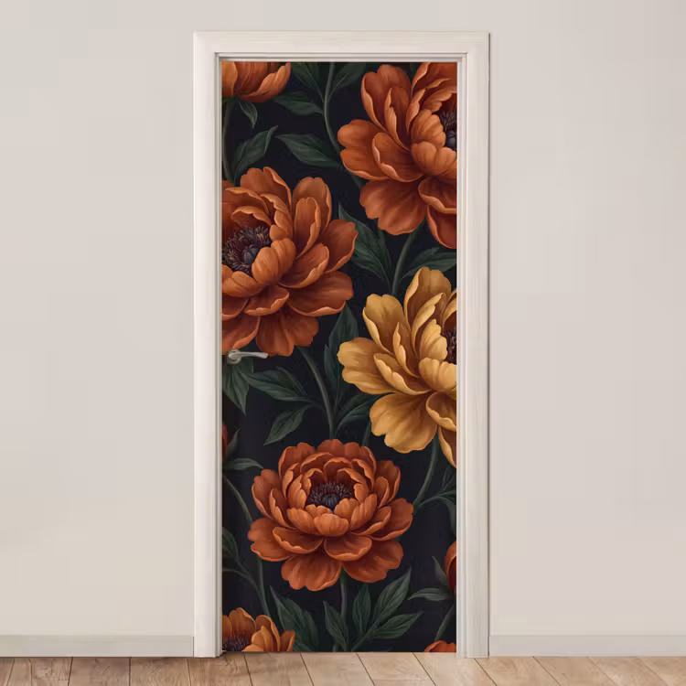 Bloemen - Bladeren - Natuur - Modern - Oranje deurposter klein -3d_beige