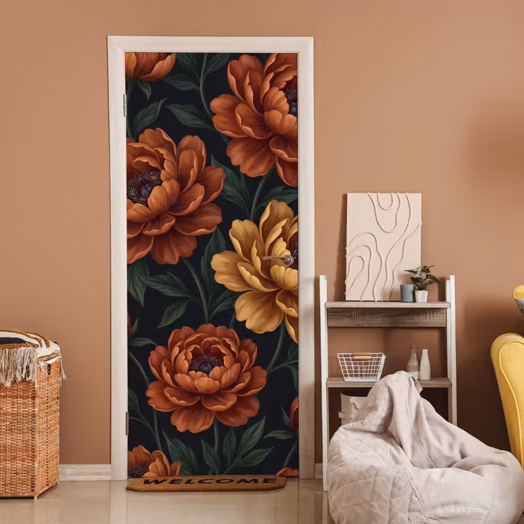 Bloemen - Bladeren - Natuur - Modern - Oranje deurposter klein -sfeer1