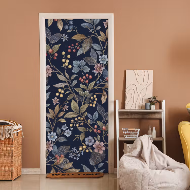 Bloemen - Bladeren - Patroon - Botanisch - Donkerblauw deurposter klein -sfeer1