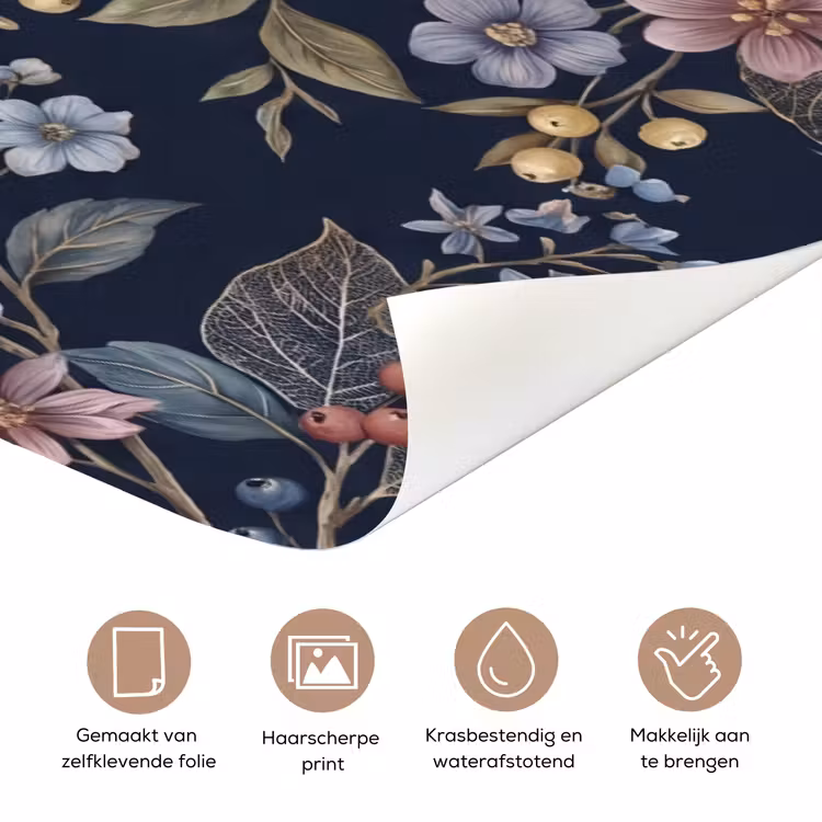 Bloemen - Bladeren - Patroon - Botanisch - Donkerblauw deurposter klein -closeup_NL