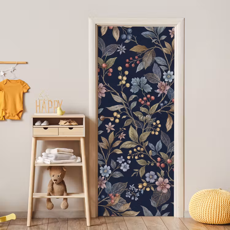 Bloemen - Bladeren - Patroon - Botanisch - Donkerblauw deurposter klein -sfeer4