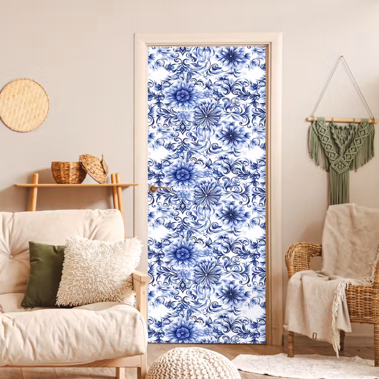 Bloemen - Blauw - Patroon - Wit deurposter klein 289 -sfeer2