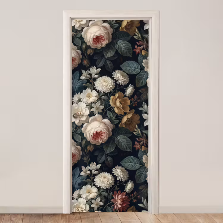 Bloemen - Boeket - Botanisch - Vintage - Donkere achtergrond deurposter klein -3d_beige