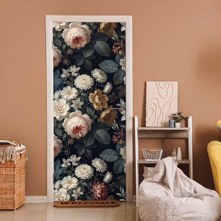 Bloemen - Boeket - Botanisch - Vintage - Donkere achtergrond deurposter klein -sfeer1