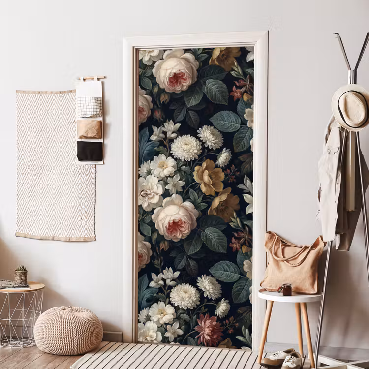 Bloemen - Boeket - Botanisch - Vintage - Donkere achtergrond deurposter klein -sfeer6