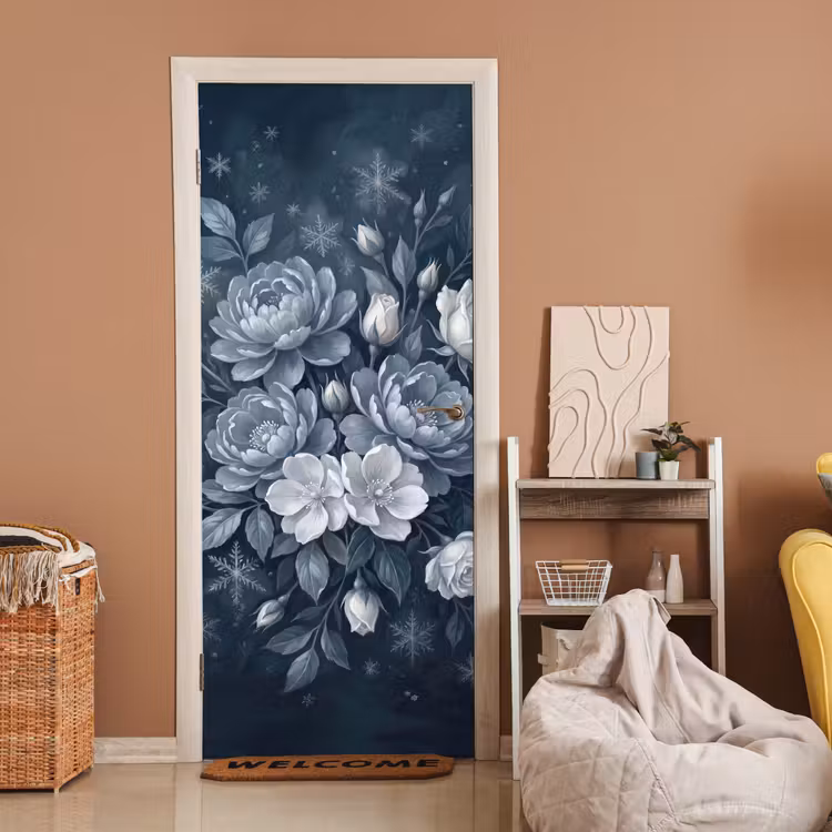 Bloemen - Boeket - Winter - Abstract - Blauw deurposter klein -sfeer1