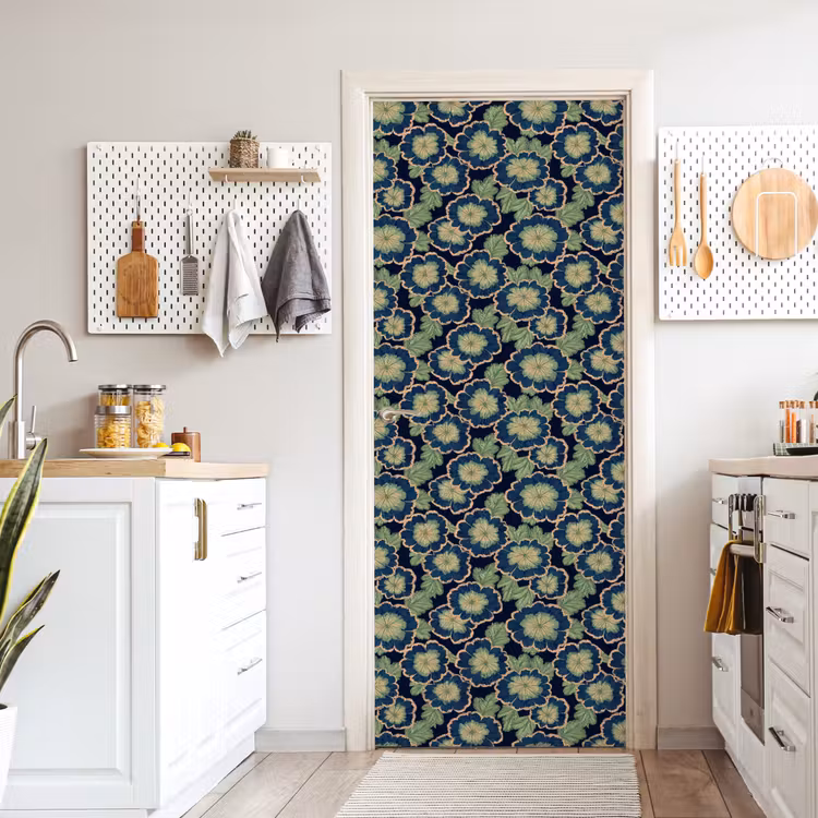 Bloemen - Borduurwerk - Patroon - Blauw - Groen deurposter klein 289 -sfeer5