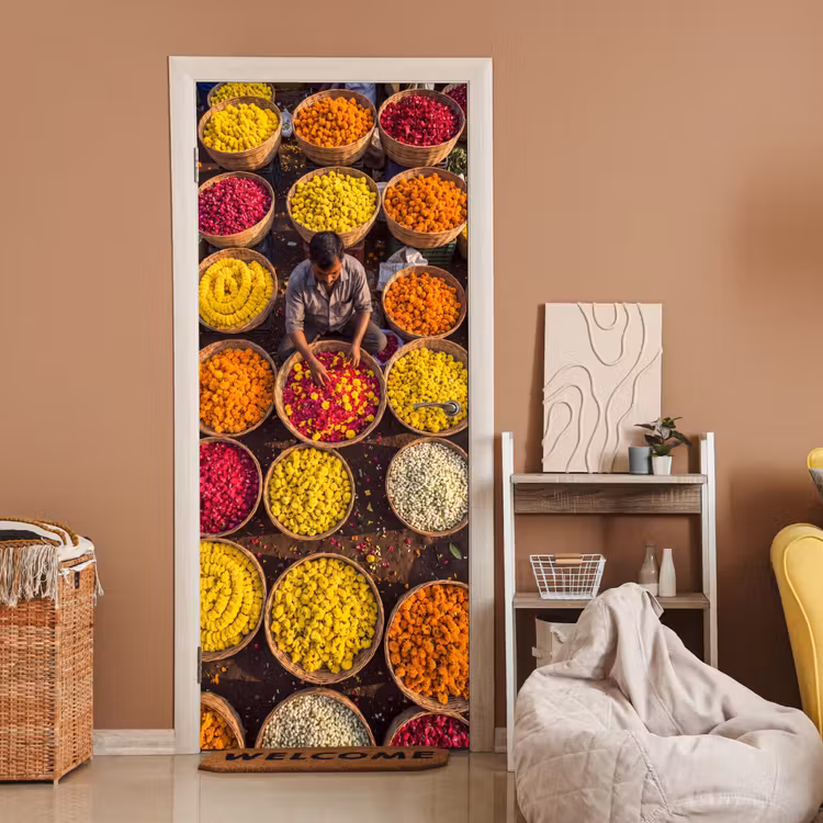 Deursticker - Bloemen - Markt - Kleurrijk - Bloemen - Markt - Kleurrijk deurposter klein