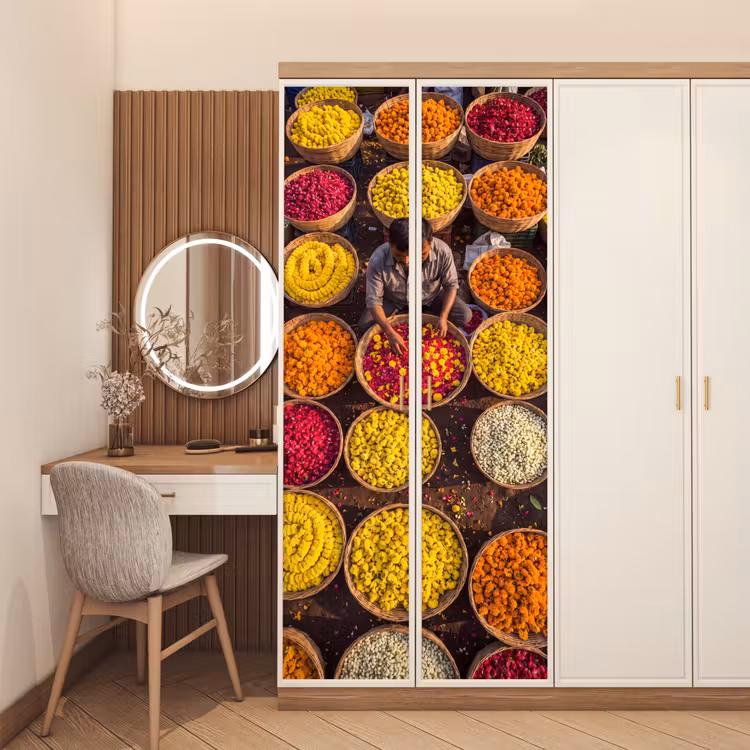 Deursticker - Bloemen - Markt - Kleurrijk - Bloemen - Markt - Kleurrijk deurposter klein