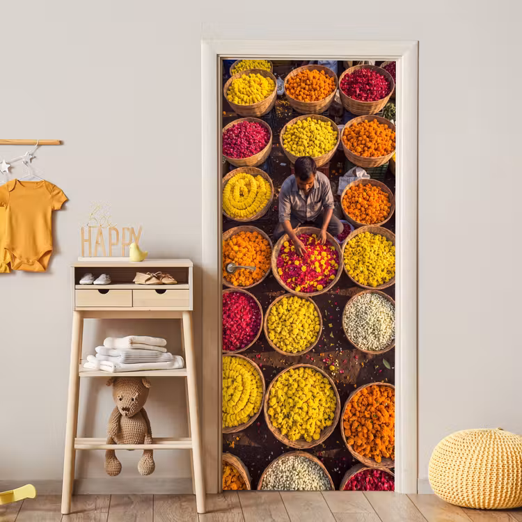 Deursticker - Bloemen - Markt - Kleurrijk - Bloemen - Markt - Kleurrijk deurposter klein
