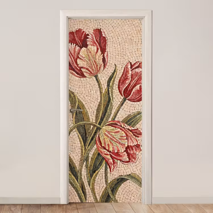 Bloemen - Mozaïek - Rood - Groen - Kunst deurposter klein -3d_beige