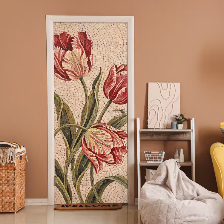Bloemen - Mozaïek - Rood - Groen - Kunst deurposter klein -sfeer1