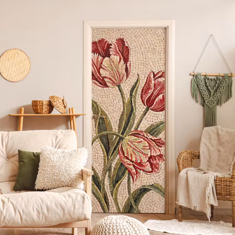 Bloemen - Mozaïek - Rood - Groen - Kunst deurposter klein -sfeer2