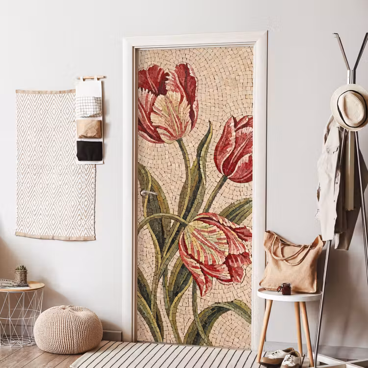 Bloemen - Mozaïek - Rood - Groen - Kunst deurposter klein -sfeer6