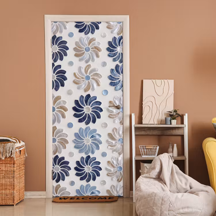 Bloemen - Parelmoer - Abstract - Patroon - Blauw deurposter klein -sfeer1