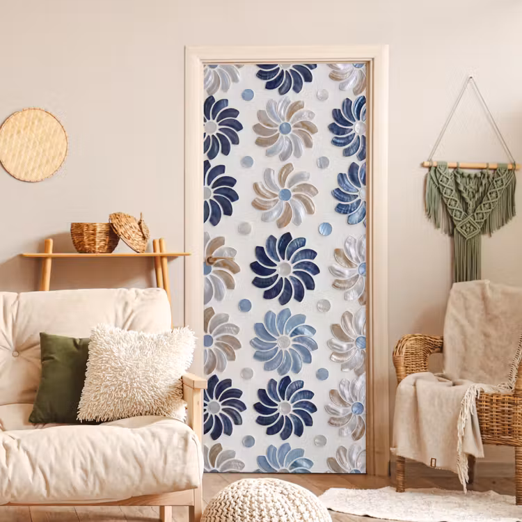 Bloemen - Parelmoer - Abstract - Patroon - Blauw deurposter klein -sfeer2