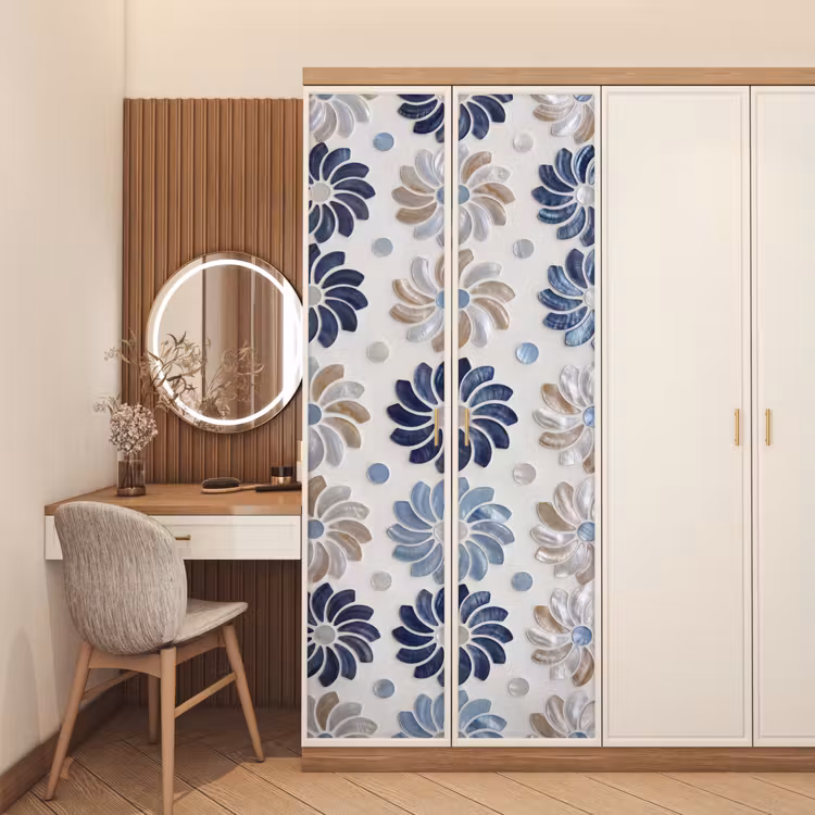 Bloemen - Parelmoer - Abstract - Patroon - Blauw deurposter klein -sfeer3