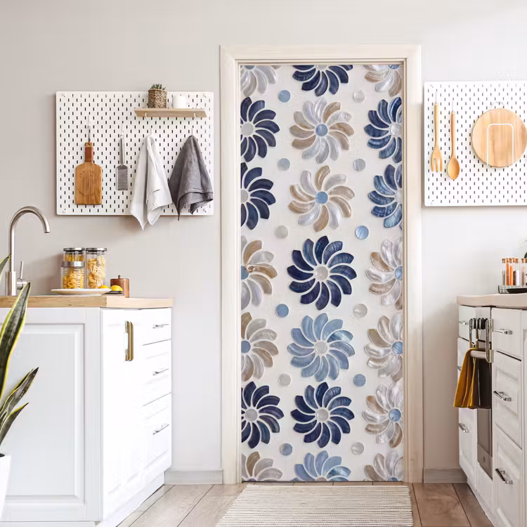 Bloemen - Parelmoer - Abstract - Patroon - Blauw deurposter klein -sfeer5