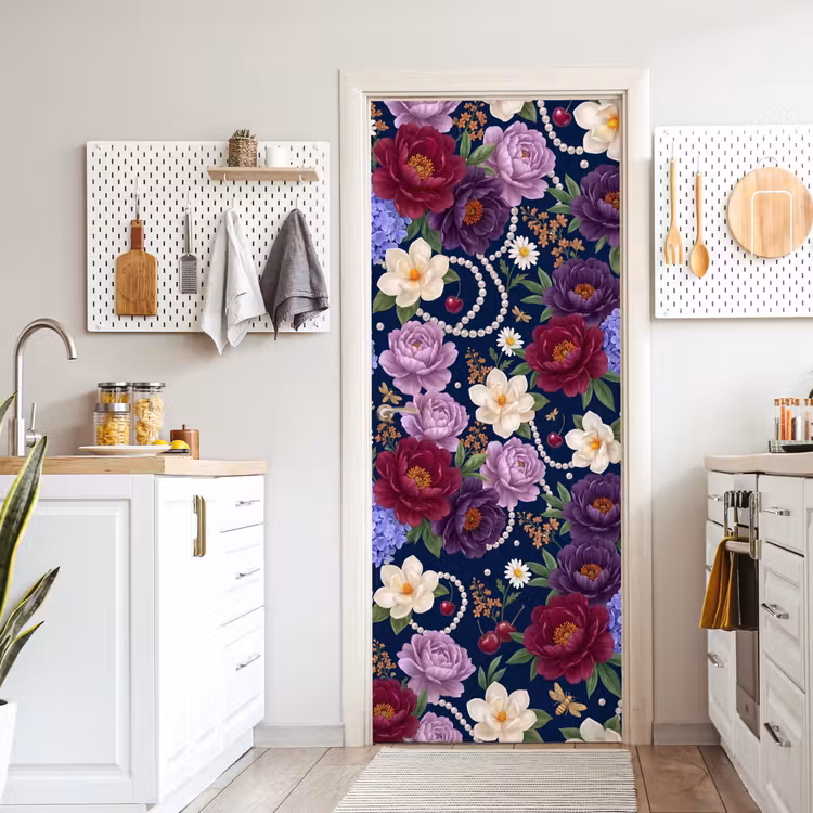 Bloemen - Parels - Decoratie - Modern - Blauw deurposter klein -sfeer5