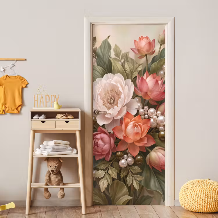Bloemen - Parels - Elegant - Roze - Wit deurposter klein -sfeer4