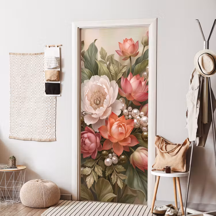 Bloemen - Parels - Elegant - Roze - Wit deurposter klein -sfeer6