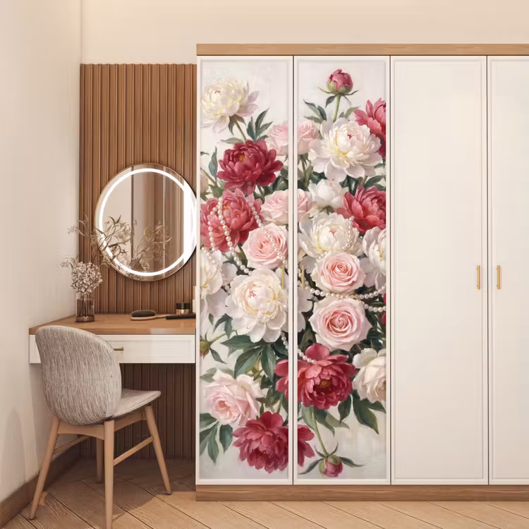 Bloemen - Parels - Romantiek - Klassiek - Roze deurposter klein -sfeer3