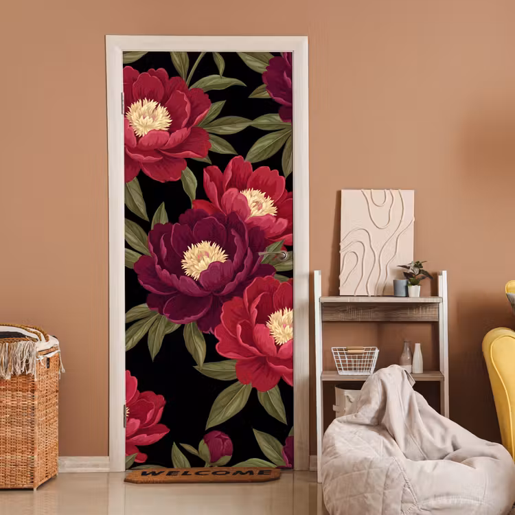 Bloemen - Patroon - Botanisch - Rood - Zwart deurposter klein -sfeer1