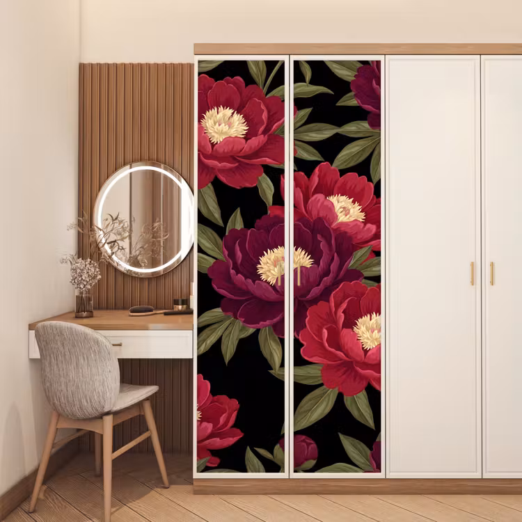 Bloemen - Patroon - Botanisch - Rood - Zwart deurposter klein -sfeer3