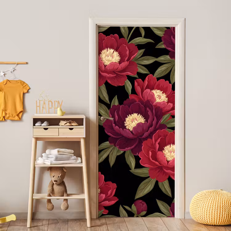 Bloemen - Patroon - Botanisch - Rood - Zwart deurposter klein -sfeer4