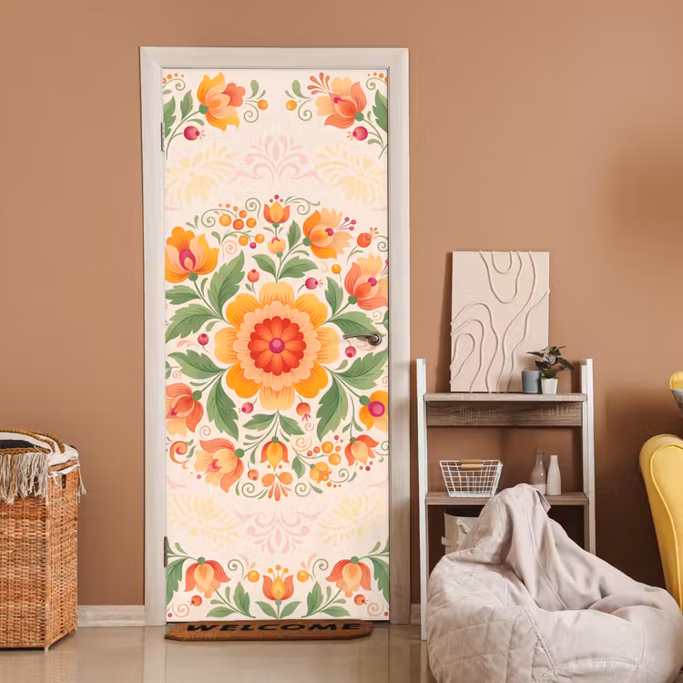 Bloemen - Patroon - Decoratief - Oranje deurposter klein -sfeer1