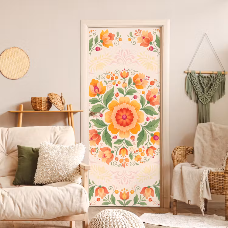 Bloemen - Patroon - Decoratief - Oranje deurposter klein -sfeer2