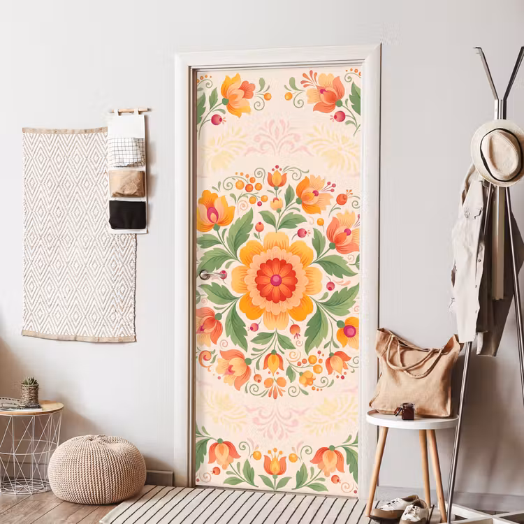 Bloemen - Patroon - Decoratief - Oranje deurposter klein -sfeer6