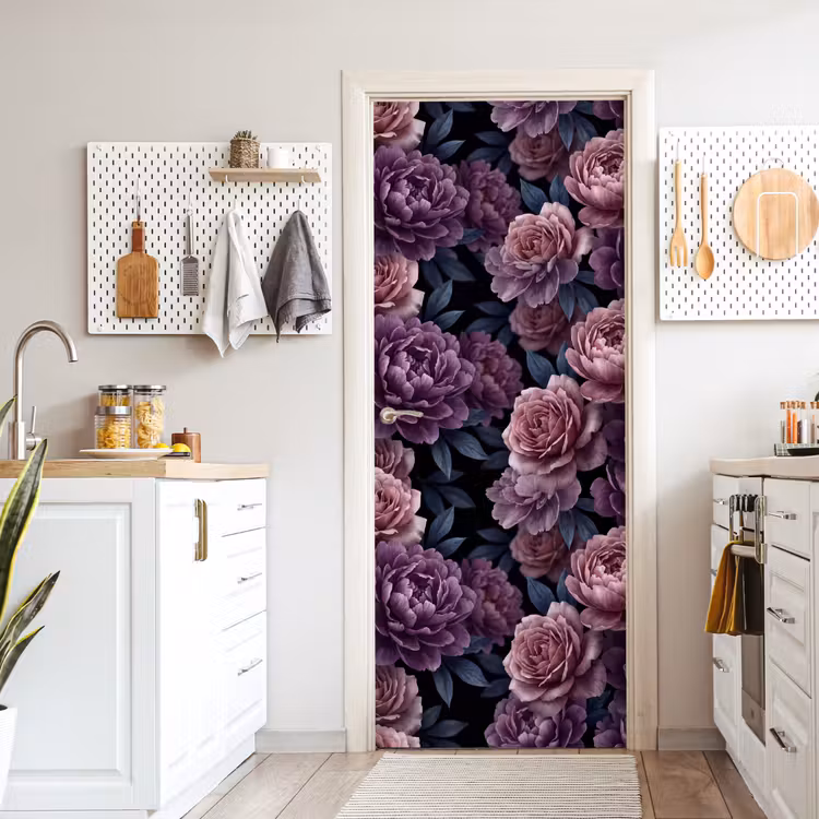 Bloemen - Patroon - Donker - Botanisch - Paars deurposter klein -sfeer5