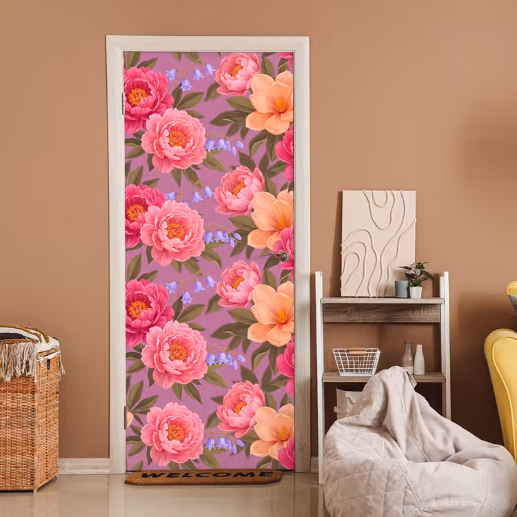 Bloemen - Patroon - Illustratie - Roze deurposter klein -sfeer1