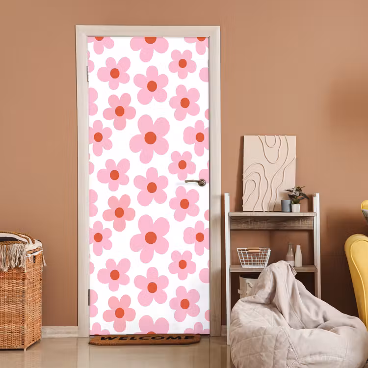 Bloemen - Patroon - Modern - Roze - Wit deurposter klein -sfeer1