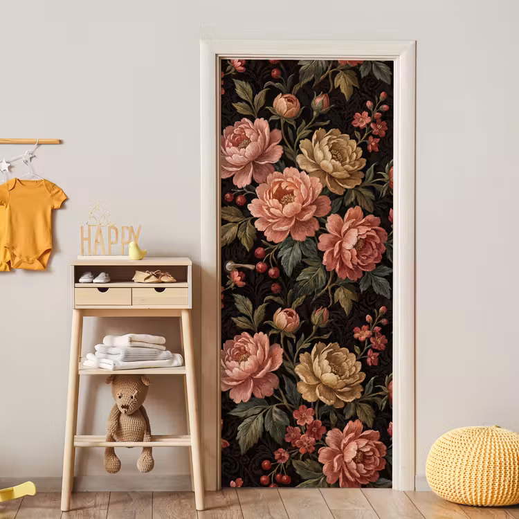 Bloemen - Patroon - Natuur - Vintage - Roze deurposter klein -sfeer4
