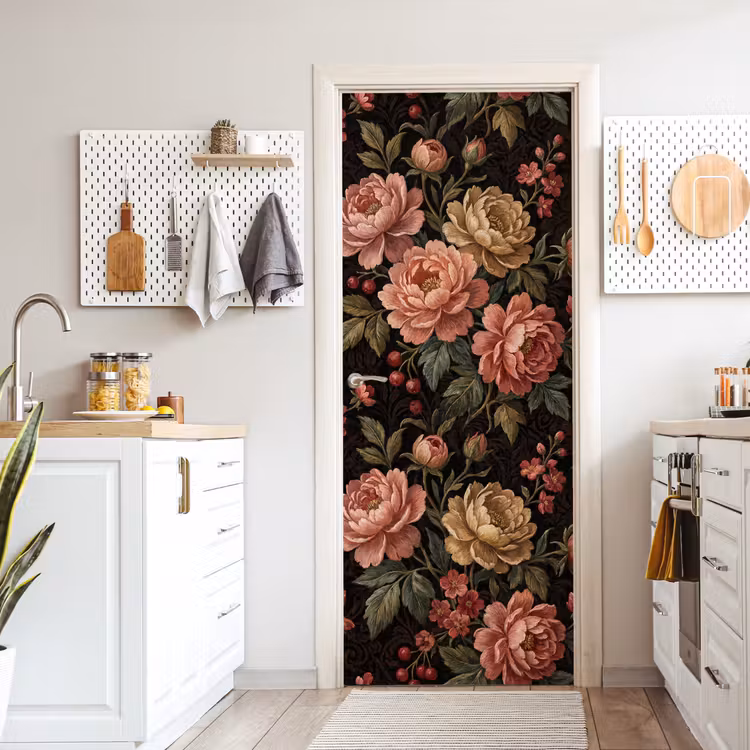 Bloemen - Patroon - Natuur - Vintage - Roze deurposter klein -sfeer5
