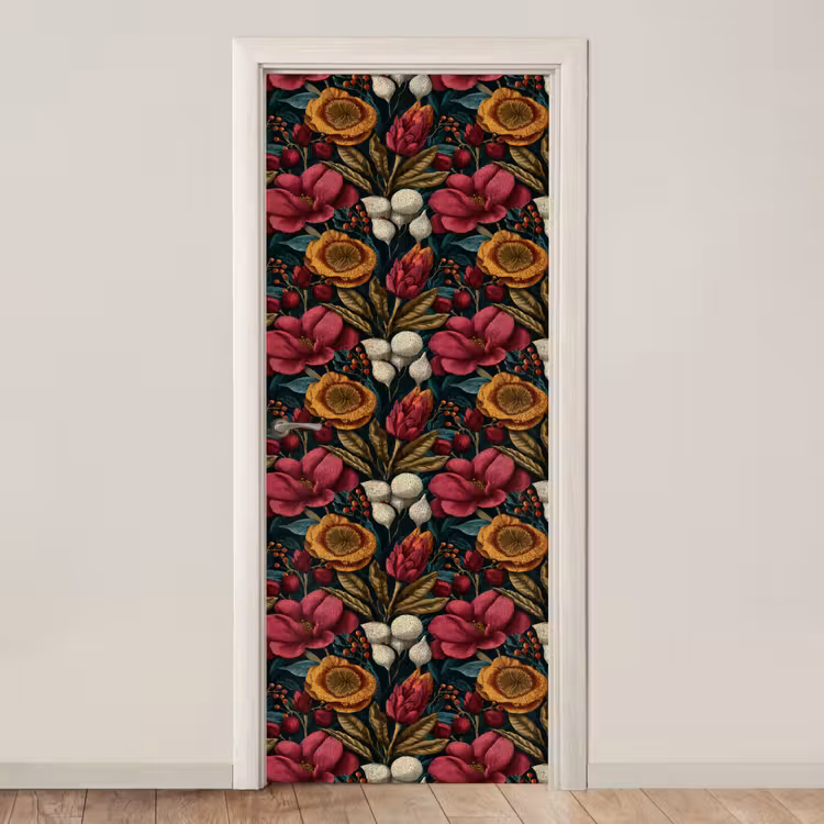 Bloemen - Patroon - Rood - Goud deurposter klein 289 -3d_beige