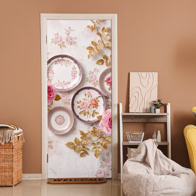 Bloemen - Patroon - Vintage - Roze - Decoratie deurposter klein -sfeer1