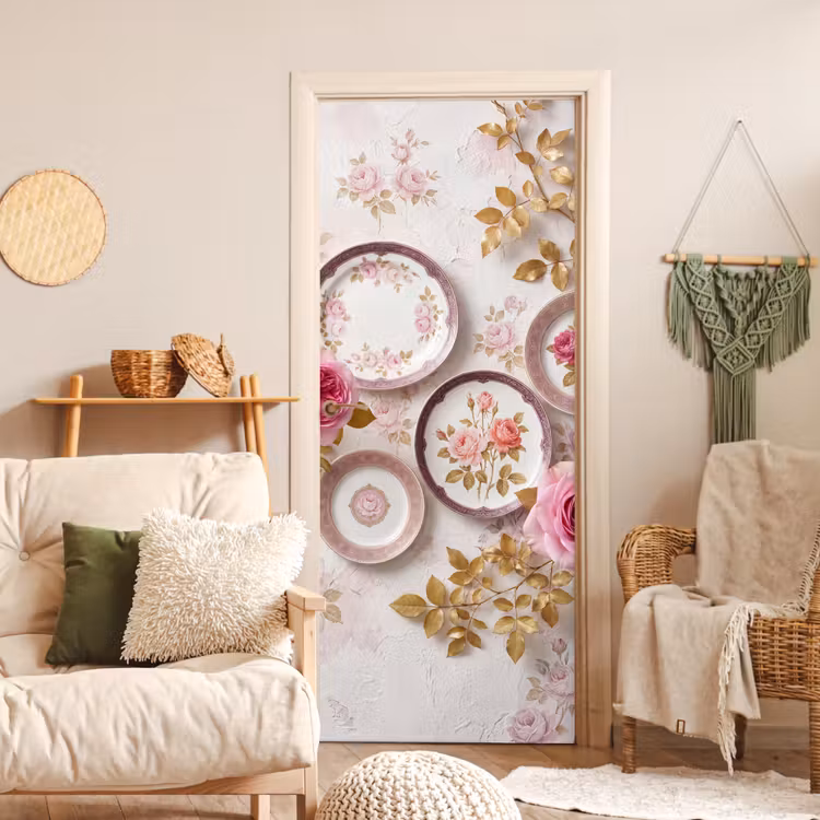 Bloemen - Patroon - Vintage - Roze - Decoratie deurposter klein -sfeer2