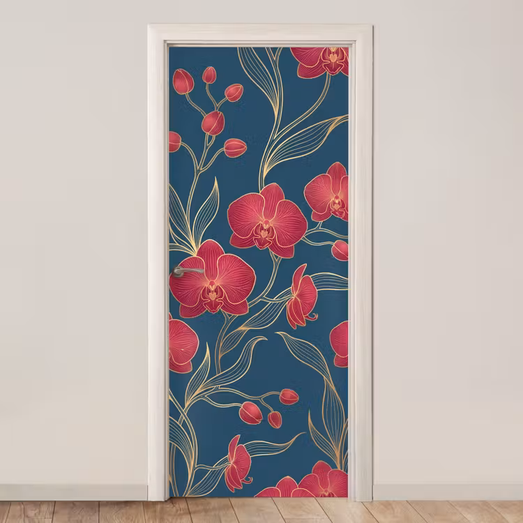 Deursticker - Bloemen - Rood - Goud - Bloemen - Rood - Goud deurposter klein