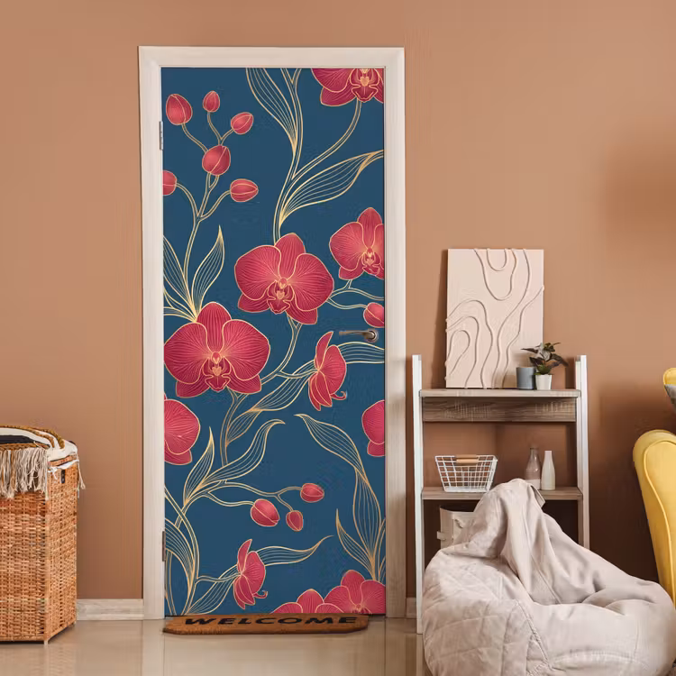 Deursticker - Bloemen - Rood - Goud - Bloemen - Rood - Goud deurposter klein