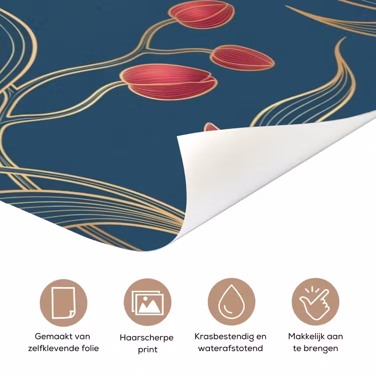 Deursticker - Bloemen - Rood - Goud - Bloemen - Rood - Goud deurposter klein