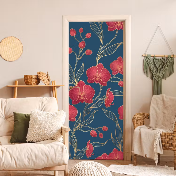 Deursticker - Bloemen - Rood - Goud - Bloemen - Rood - Goud deurposter klein